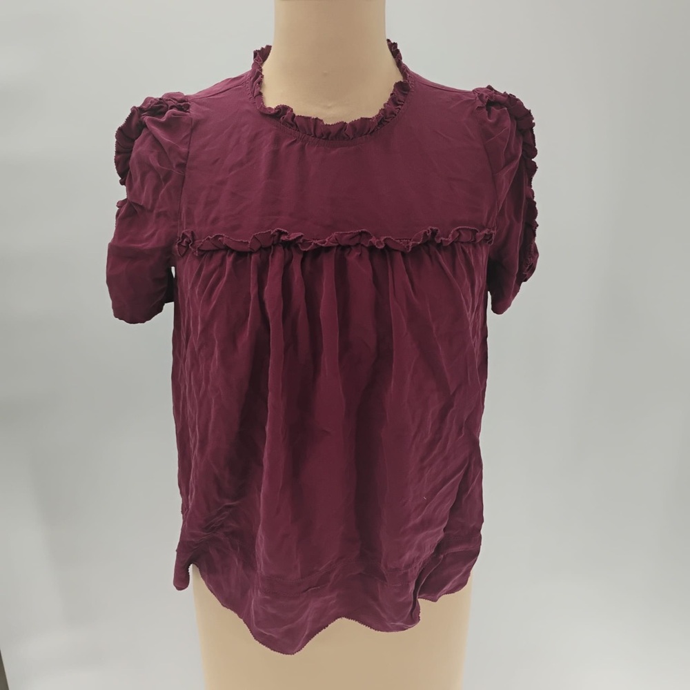 Ulla Johnson Burgundy Ruffle-Trim Short Sleeve Blouse